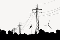 Transmission tower silhouette border, environment illustration in black. Free public domain CC0 image.