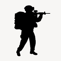 Soldier pointing gun silhouette clipart, military illustration in black. Free public domain CC0 image.