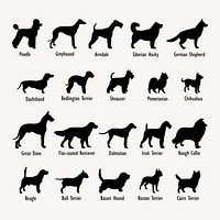 Dog breed types silhouette clipart, animal illustration in black set vector. Free public domain CC0 image.