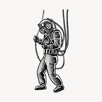 Deep sea diver clipart, vintage drawing vector. Free public domain CC0 image.