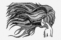 Flowing hair girl hand drawn illustration. Free public domain CC0 image.