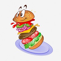 Cartoon hamburger character clipart illustration. Free public domain CC0 image.