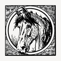 Horse badge drawing, vintage animal illustration vector. Free public domain CC0 image.