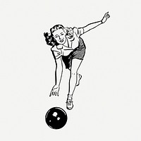 Bowling woman drawing, sport vintage illustration psd. Free public domain CC0 image.