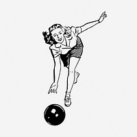 Bowling woman drawing, sport vintage illustration. Free public domain CC0 image.