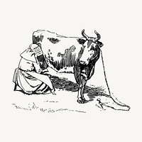 Woman milking cow drawing, vintage illustration vector. Free public domain CC0 image.