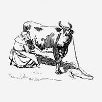 Woman milking cow drawing, vintage illustration. Free public domain CC0 image.