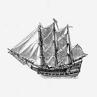 Sailing ship drawing, vehicle, vintage transportation illustration. Free public domain CC0 image.