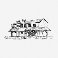 Market house drawing, building, vintage illustration. Free public domain CC0 image.