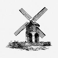 Windmill drawing, environment vintage illustration. Free public domain CC0 image.