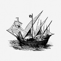 Sailing ship drawing, vehicle, vintage transportation illustration. Free public domain CC0 image.