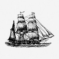 Sailing ship drawing, vehicle, vintage transportation illustration. Free public domain CC0 image.