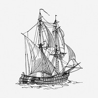 Sailing ship drawing, vehicle, vintage transportation illustration. Free public domain CC0 image.