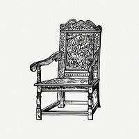 Carved floral chair drawing, furniture vintage illustration psd. Free public domain CC0 image.