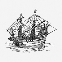 Sailing ship drawing, vehicle, vintage transportation illustration. Free public domain CC0 image.