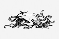 Sleeping mermaid drawing, mythical creature vintage illustration. Free public domain CC0 image.
