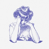 Sad woman drawing, vintage illustration. Free public domain CC0 image.