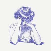 Sad woman drawing,  vintage illustration psd. Free public domain CC0 image.