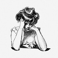 Sad woman drawing, vintage illustration. Free public domain CC0 image.