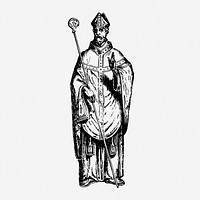 Mitred abbot drawing, vintage monastery illustration. Free public domain CC0 image.