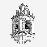 Bell tower drawing, vintage illustration. Free public domain CC0 image.