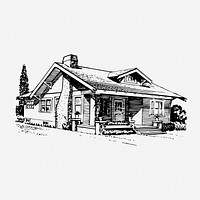 Bungalow house drawing, vintage architecture illustration. Free public domain CC0 image.