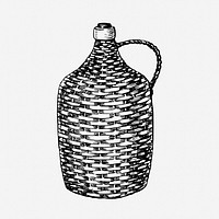 Wicker bottle drawing, vintage glassware illustration. Free public domain CC0 image.