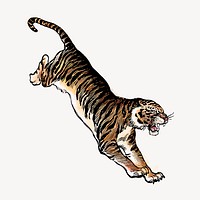 Jumping tiger watercolor sticker, wildlife vintage illustration vector