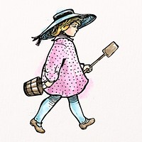 Girl holding shovel watercolor clipart, vintage illustration psd
