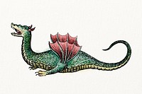 Green dragon watercolor, mythical creature illustration, vintage design