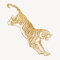 Golden jumping tiger clipart, animal vintage illustration