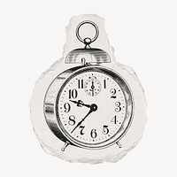 Alarm clock drawing, torn paper, vintage illustration