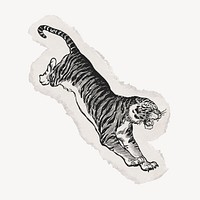 Jumping tiger drawing, ephemera torn paper, vintage illustration