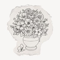 Flower vase drawing, torn paper, vintage illustration