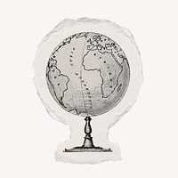 Globe drawing, torn paper, vintage illustration