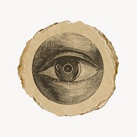 Eye etching drawing, ephemera torn paper, vintage illustration.