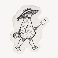 Girl holding shovel ripped paper clipart, vintage illustration vector