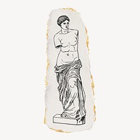 Nude Greek goddess statue drawing, ripped paper, gold shimmer collage element psd
