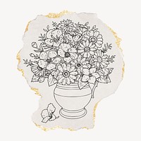 Flower vase drawing, torn paper, gold shimmer, vintage illustration