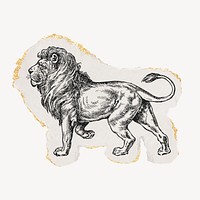 Lion drawing, ephemera torn paper, gold shimmer, vintage illustration