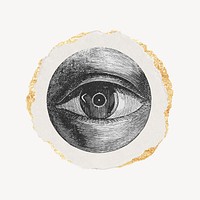 Eye etching ephemera drawing, torn paper, gold shimmer, vintage illustration.