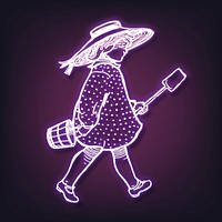 Little girl, purple neon, vintage aesthetic illustration