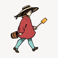 Girl holding shovel, vintage summer illustration