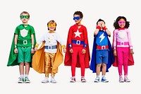 Superhero kids, cute Halloween costumer full body photo