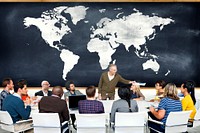 Group of People in a Meeting and World Map