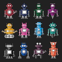 Collection set of colorful robot graphic illustration on black background