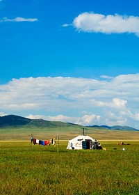Clothesline and Mongolian tent on the  beautiful scenic.