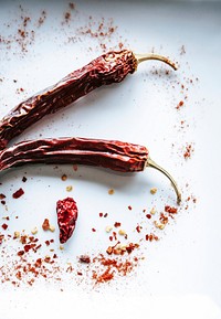 Dried chilies on a cutting board