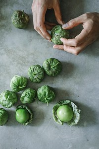 Chef peeling fresh green tomatillos