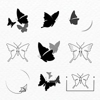 Butterfly logo badge, black aesthetic psd flat design set